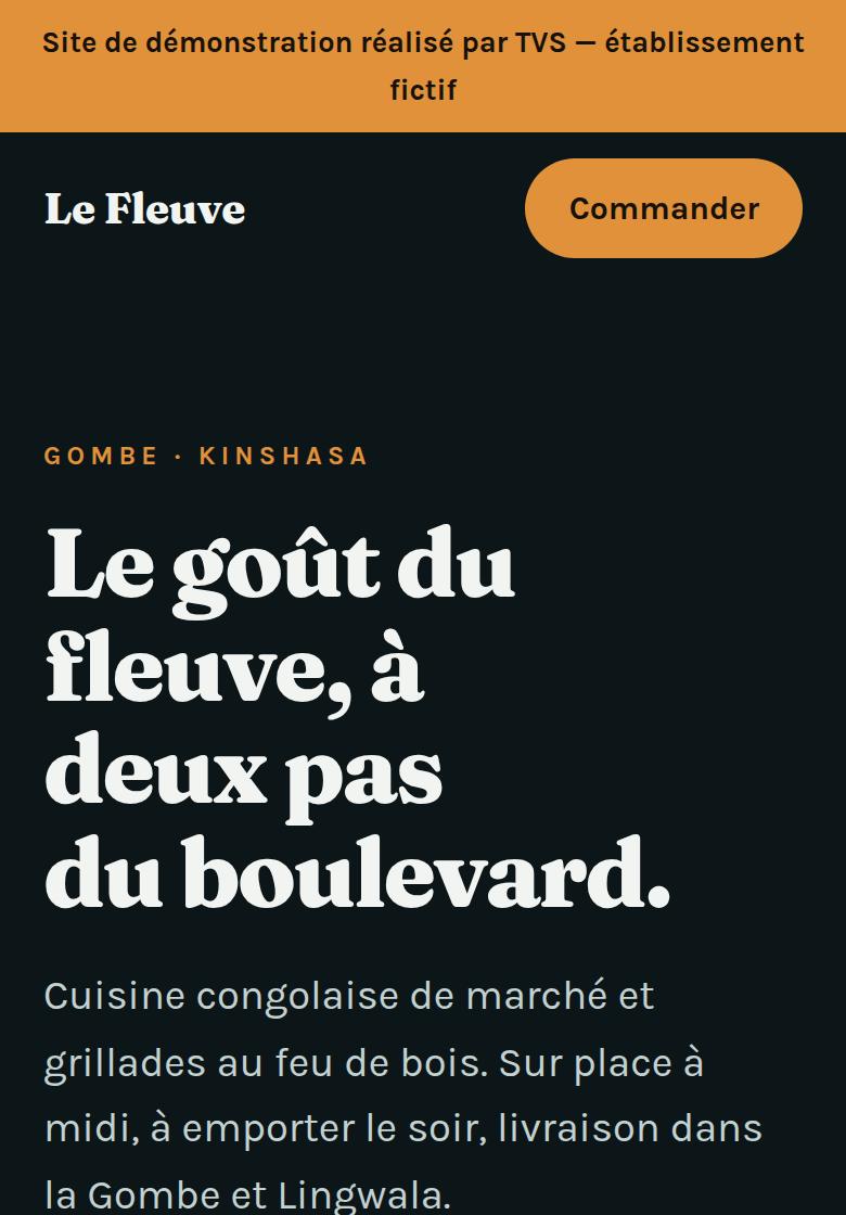 Page d'accueil du restaurant fictif Le Fleuve sur téléphone