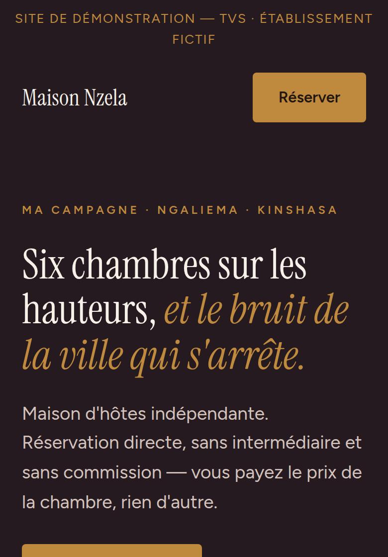 Page d'accueil de la maison d'hôtes fictive Maison Nzela sur téléphone