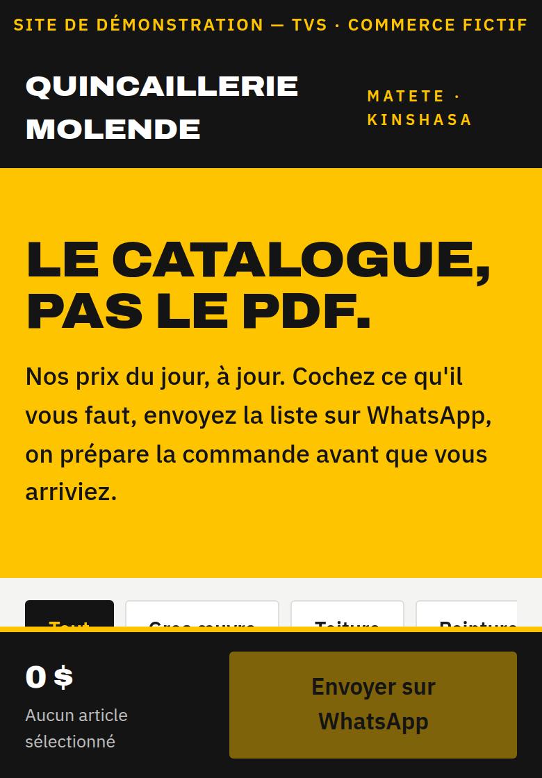 Catalogue de la quincaillerie fictive Molende sur téléphone